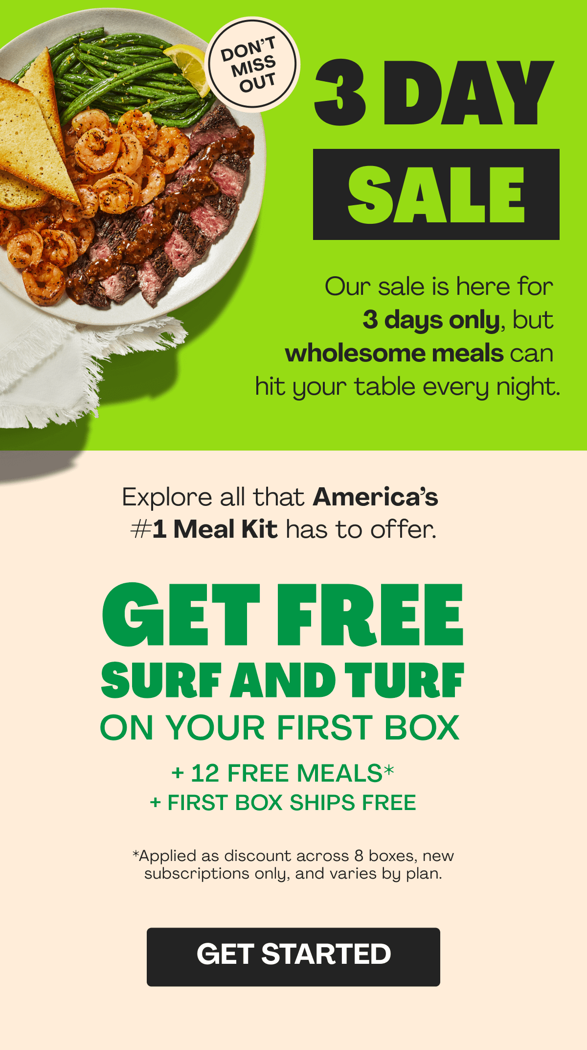 Get 12 FREE MEALS + FIRST BOX SHIPS FREE + FREE SURF & TURF